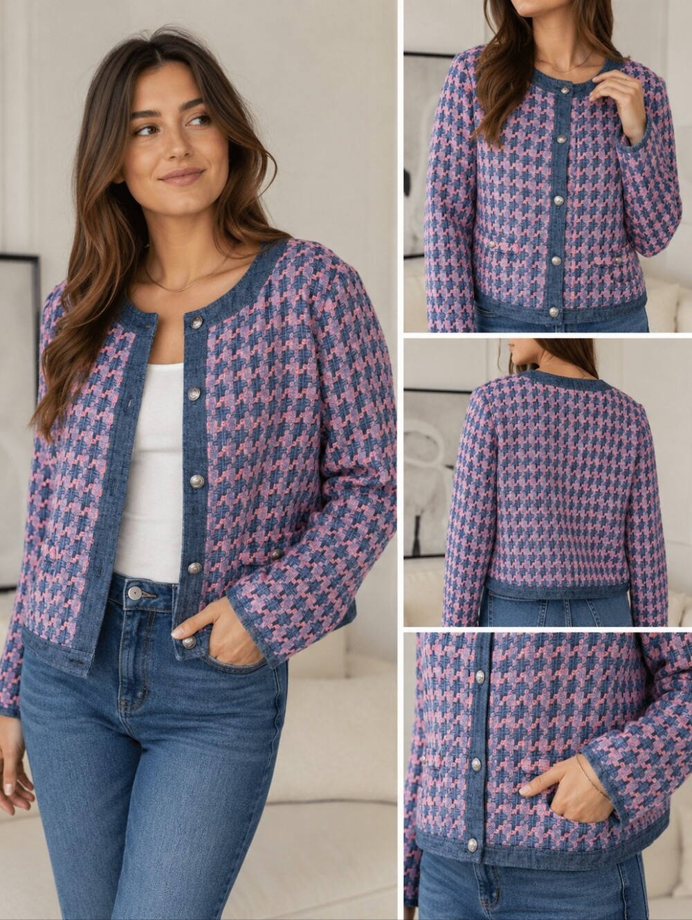 Talbots Denim Trim Basket Tweed Jacket Pink Blue Houndstooth Plus Sz 18 Quilted